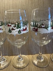 4 Libbey Winter Scene Glass Glasses Wine Vtg Christmas Holiday Houses Tree Snow