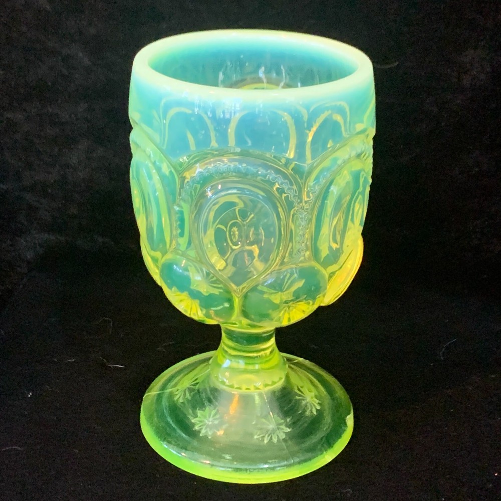 Vtg Fenton for LE Smith Moon & Stars Yellow/ Vaseline OPALESCENT GOBLET 5.75″