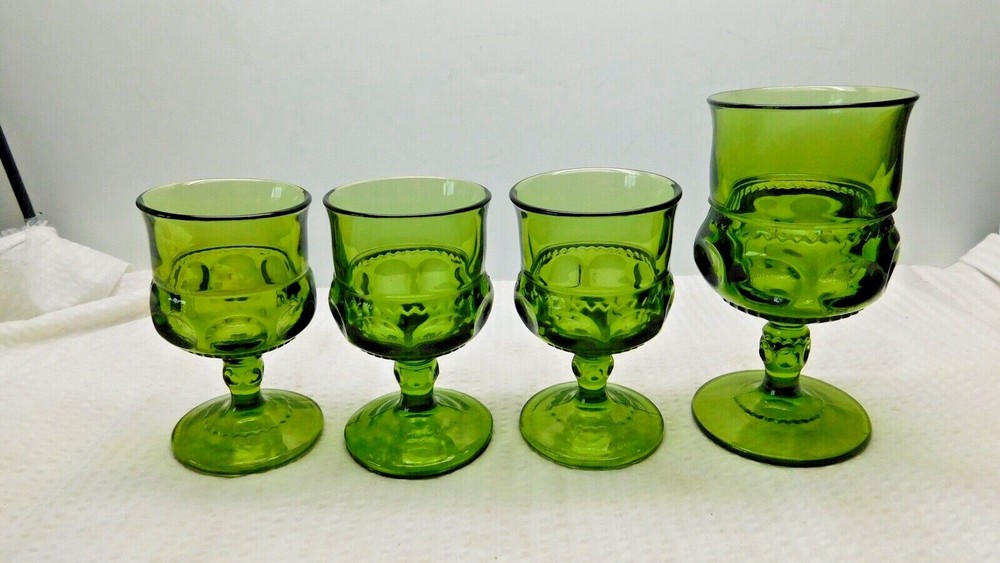 3 Indiana Glass Thumbprint Avocado Green Kings Crown-Juice Goblets-1 Water