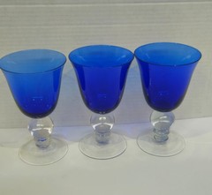 Vintage Pier 1 Blue and Amber Flute Wine Goblet with Clear Ball Stem Set of 5