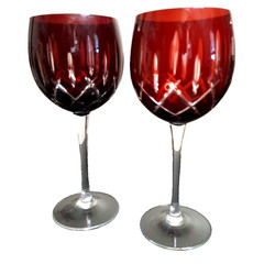 Vintage Bohemian Ruby Red Cut to Clear Globe Crystal Wine Glasses Goblets 2 pc