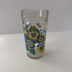 Vintage MCM Anchor Hocking Blue & Yellow Pansy Jelly Jar Tumbler Glass 6” H