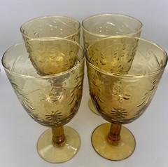 4 Baroque Amber by GLOBAL AMICI Water Goblets Handblown Raised Design EC