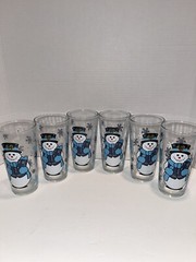 6 Vintage KIG Indonesia Snowman 6” 14 Oz Glasses Tumblers mint!