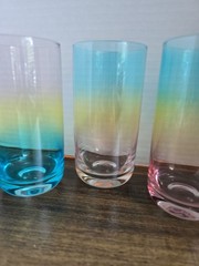 Set of 4 Ombre Art Glass Highball Tumblers Blue Pink Yellow Hand Blown Style