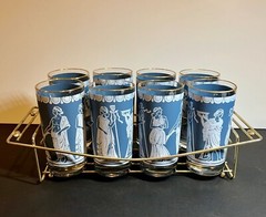 Jeanette Jasperware Set Of 8 Blue Greek Hellenic MCM Glass Tumblers With Caddy