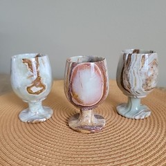 Set of 3 VTG Green Onyx Marble Goblets Set Handcrafted Carved Stone Wine Glasses