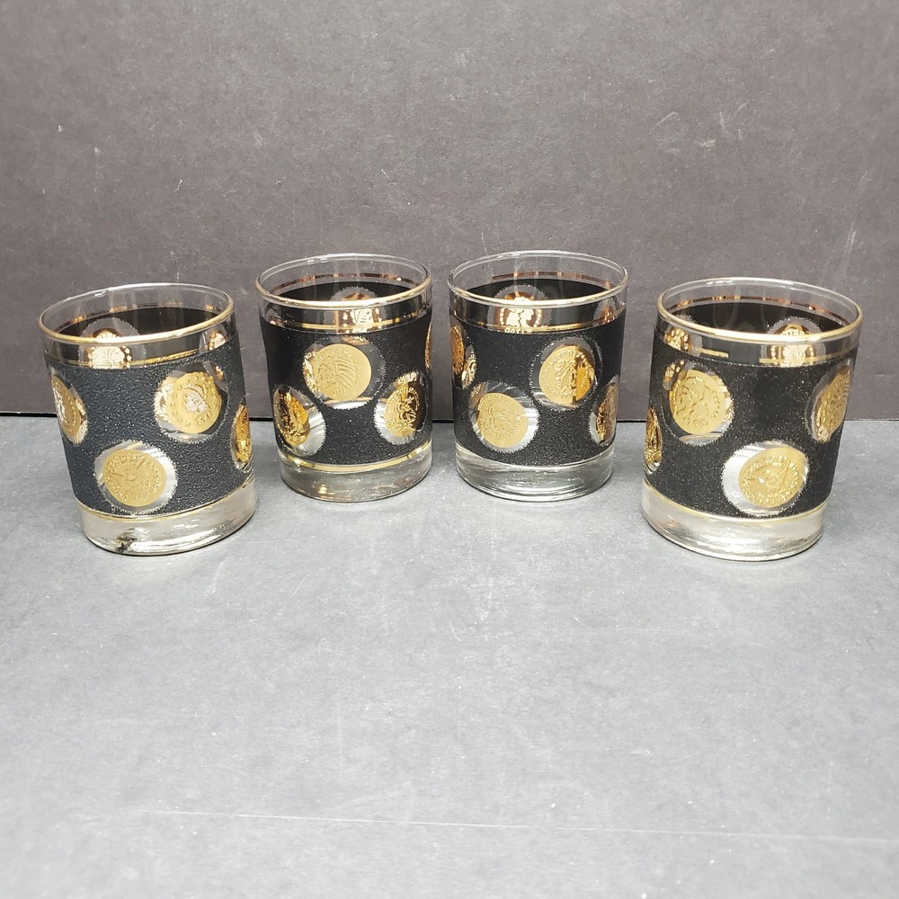 Libby 1960s Barware 22k Gold Cera Coin Lowball Glasses Set of 4 Hennessy Whiskey