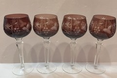 Four (4) Crystal Hock Wine Glass Purple Cut-to-Clear Etched Grape 8.25″ Stems