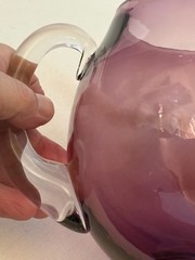 Vtg., MCM 1960s AMETHYST GLASS BAR / BEVERAGE PITCHER w/ CLEAR HANDLE, BALL FORM