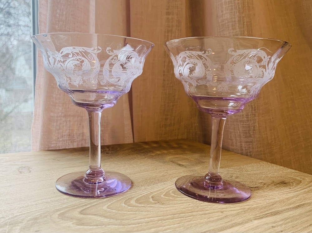 Central Glass Works Lavender Depression Glass Champagne Coupe Tall Sherbet Set 2