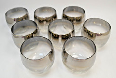 Vintage Roly Poly Glass Set of 8 with Caddy Dorothy Thorpe Style Silver Rim MCM!