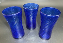 Collectible Cobalt Blue Swirled Hand Blown Glass Tumblers Set of 3 Rough Pontil