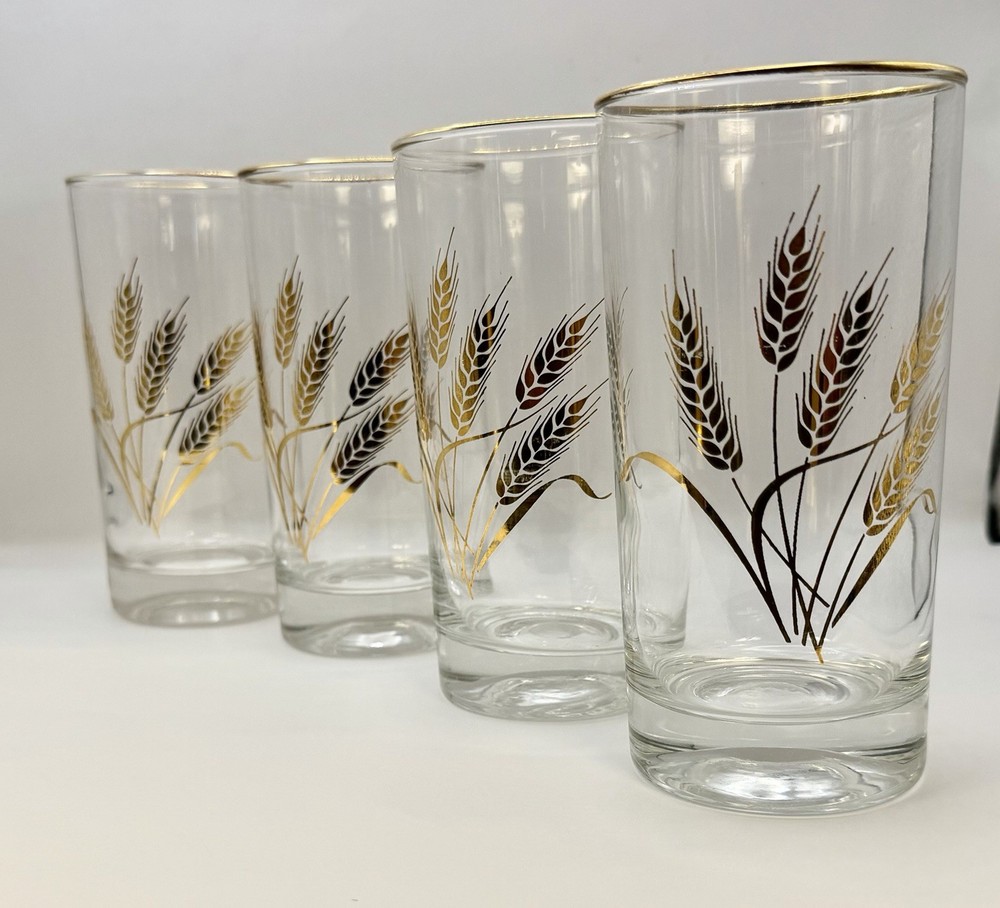 Set of 4 Vintage Gold Wheat Homer Laughlin Highball Glasses Gold Rim MC