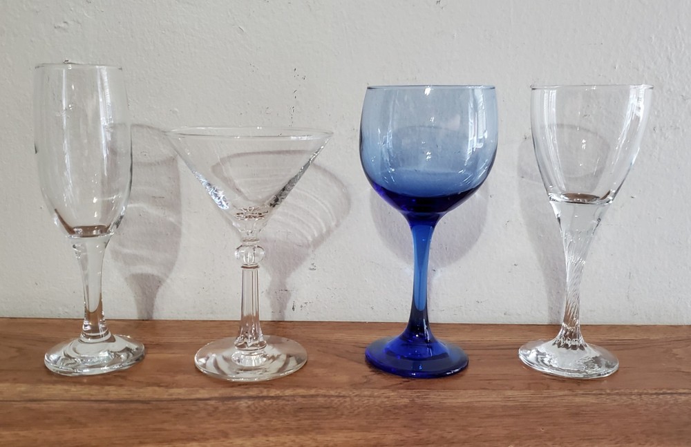 Lot of 4 Different Sizes & Styles of Glasses Cocktail Champagne Wine