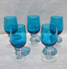 5 Peacock Blue Glass Cordials with Clear Twist Stem Turquoise