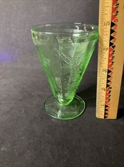 VTG Antique Green Uranium Glass Footed Tumbler Floral Poinsettia, 7 oz 4.5″H