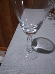 Vintage Fostoria ‘Engagement Ring’ pattern crystal wine glass with platinum trim