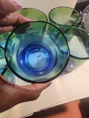 6 Blown Glass Tumblers Green And Cobalt Blue 3.5″ Each