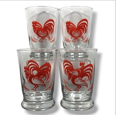 Vintage Red Rooster Juice Glasses Set of 4 Heavy Base 4″ Shot Glass Barware MCM