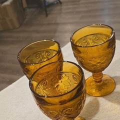 Unmarked Amber Pressed Glass Floral Decorated Goblets, Set of 3 Stemmed