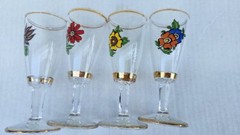 MCM 1960’S 4 VTG Sherry Cordial GLASS STEMWARE, FLORAL FLOWERS Gold Gild