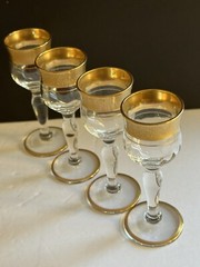 4 Ransgil Rambler Rose Optic Clear Cordial Glasses 1oz Gold Rim 4” Rare