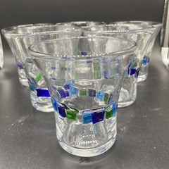 6 Hand Blown Glass 4.25” Glasses Cobalt Blue Green Light Blue Tiles 8oz