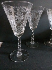 4 Cornucopia Fostoria Etched Mayflower Crystal Wine Water Goblets 7 3/8″ 8 Oz.