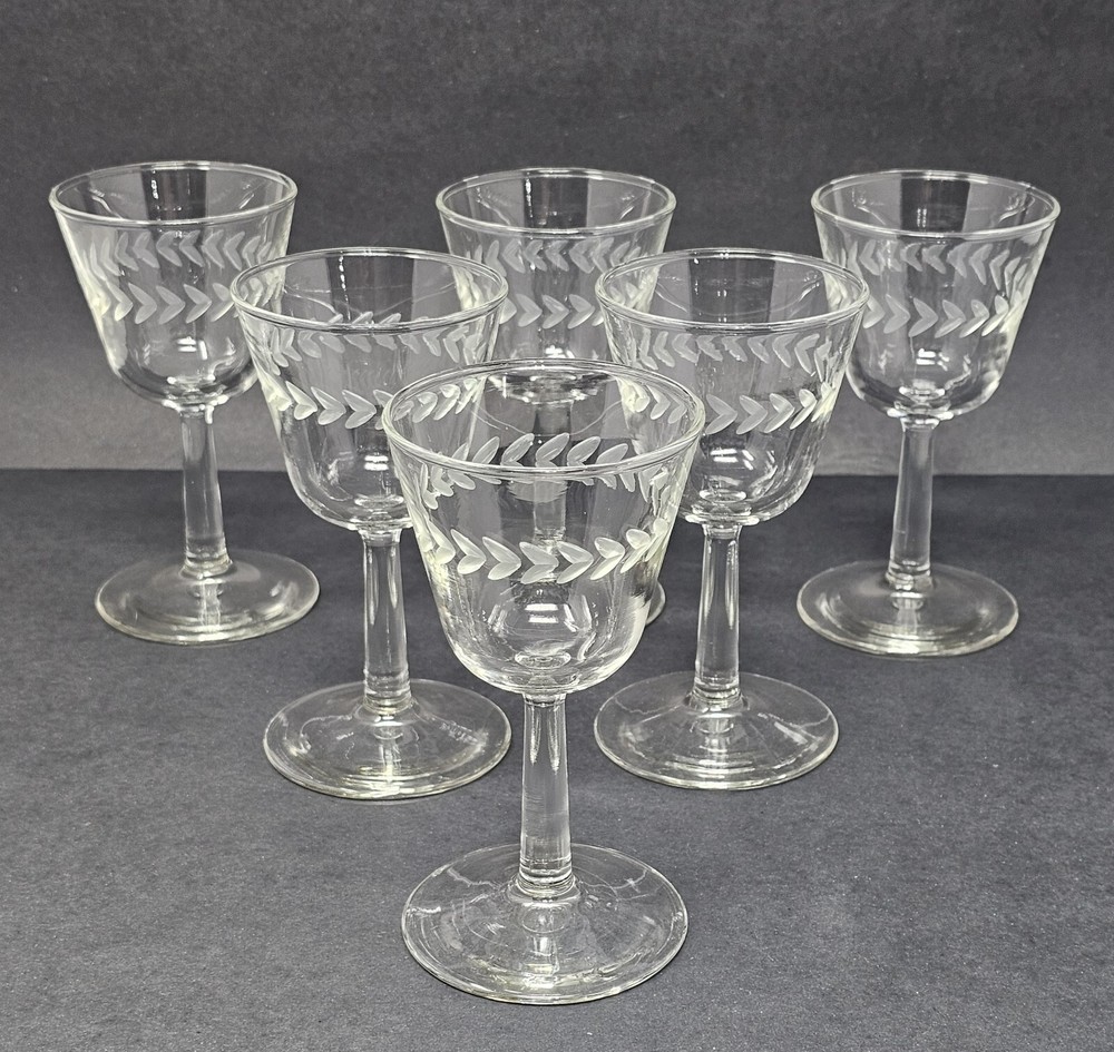 Set Of 6 Vintage Etched Gray Cut Laurel Cordial Liquor Glasses