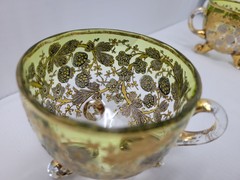 6 ANTIQUE MOSER GLASS 3 FOOTED HANDLED PUNCH CUPS WITH GILT FLORAL AND BERRIES