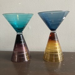 Martini Wine Glasses Double Sided Jewel Toned Etched Vintage READ DESCRIPTION