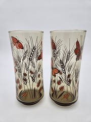 Libbey Monarch Butterfly Wheat Stalk Tawny Smoke Brown Glasses Set of 2 Vintage