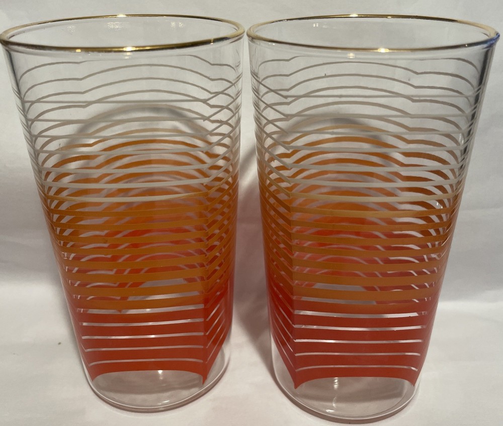 2 Vintage Anchor Hocking Juice Tumblers 12 oz Glasses Orange White Stripe MCM