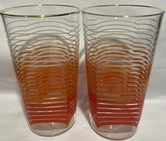 2 Vintage Anchor Hocking Juice Tumblers 12 oz Glasses Orange White Stripe MCM