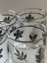 Atomic Era MCM Silver Leaf Frosted Glass Pitcher +4 Goblets VTG Cocktail Bar Set