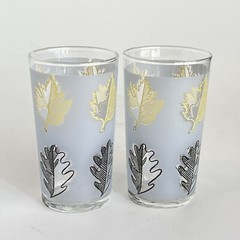 2 VTG-MCM Libbey Frosted Glass Tumblers w/Gold Leaf Leaves Pattern 4.5 Inches