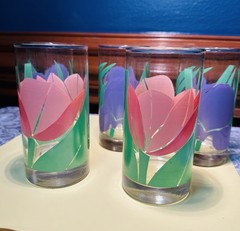 Vintage Tulip Indiana Glass Spring Drinking Glasses, Pink And Purple Set Of 5