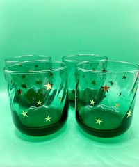 4 Vintage 90s Anchor Hocking Emerald Green Glasses Gold Star Swirl Celestial EUC