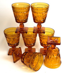7 Indiana Glass Colony Park Lane Amber Glass Water Goblet Square Footed 5.5″