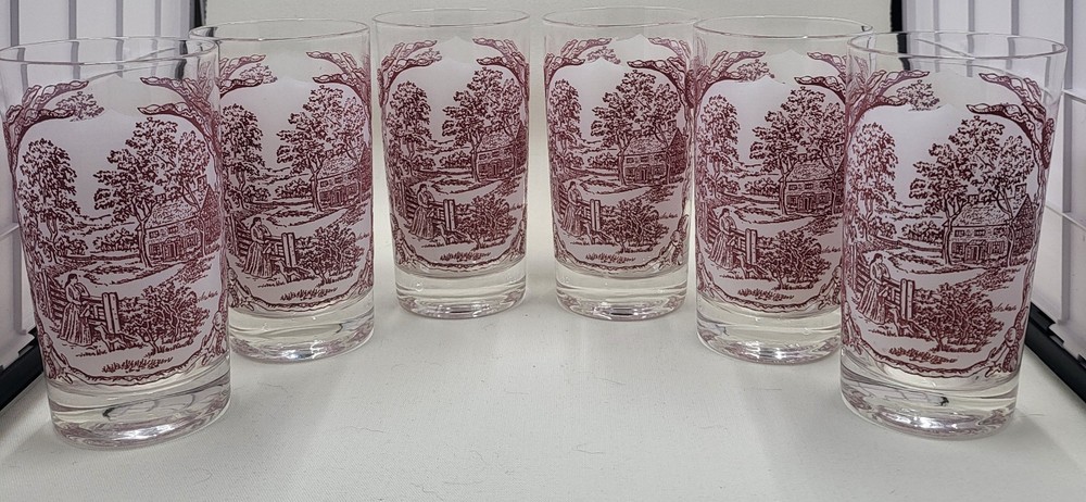 Vintage Royal China Memory Lane Pink Glass Tumblers 8oz 4.75″ Set of 6 Farmhouse