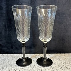 Set 2 Luminarc Black Stem Optic Swirl Champagne Flutes Glasses Vintage France 7”