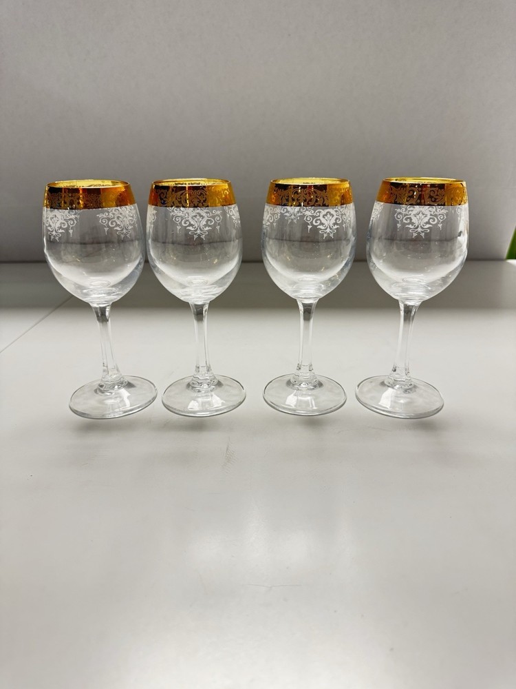 Cellini 24K GOLD Trim Etched Blown Crystal Wine Glasses Set of 4 Italy