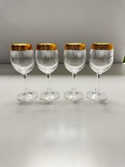 Cellini 24K GOLD Trim Etched Blown Crystal Wine Glasses Set of 4 Italy