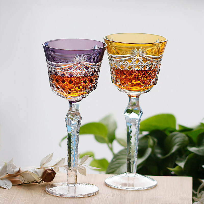1 Set of 2pcs Hand Cut To Crystal Bohemian Style Edo Kiriko Colored Goblet 5oz