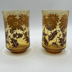 Vintage Libbey Amber Daisy Glasses Set of 2, 8 oz, Retro Amber Glass 3.5×2.25”