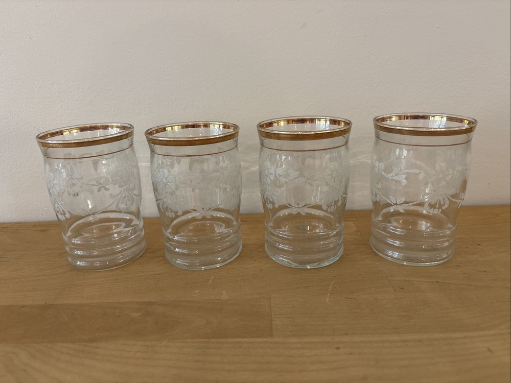 Set of 4 Vintage Bartlett Collins 4” Frosted Flowers Etched Gold Rim Glasses