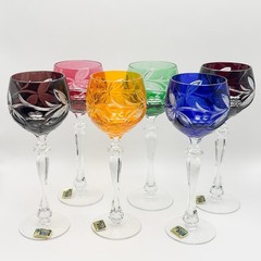 Vintage Lausitzer Cut To Clear Cased Glass Crystal Wine Hock Glasses Grapes x6