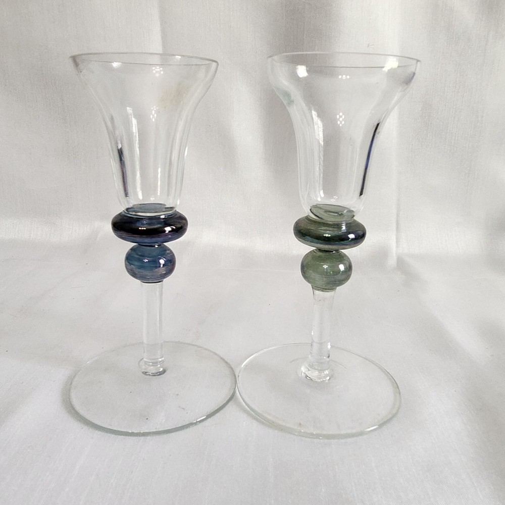Hand-Blown Glass Wine Goblets With Blue & Green Swirl Beads
