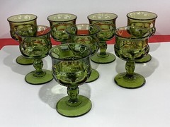 Set of nine Vintage Indiana glass Green kings crown cordial juice Glasses READ